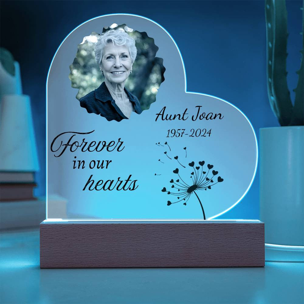 Forever in our hearts - Memorial Acrylic Heart Plaque w/LED base