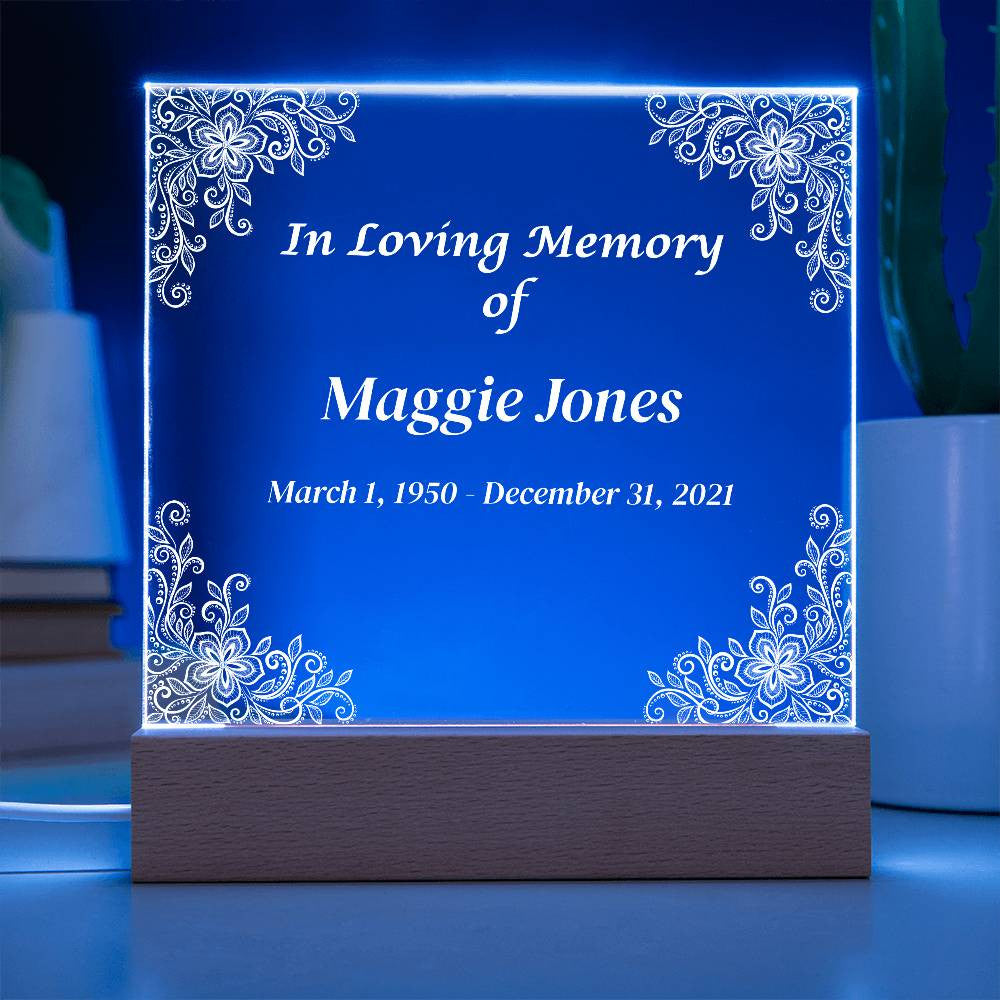 In Loving Memory - Memorial Acrylic Square Plaque w/LED base