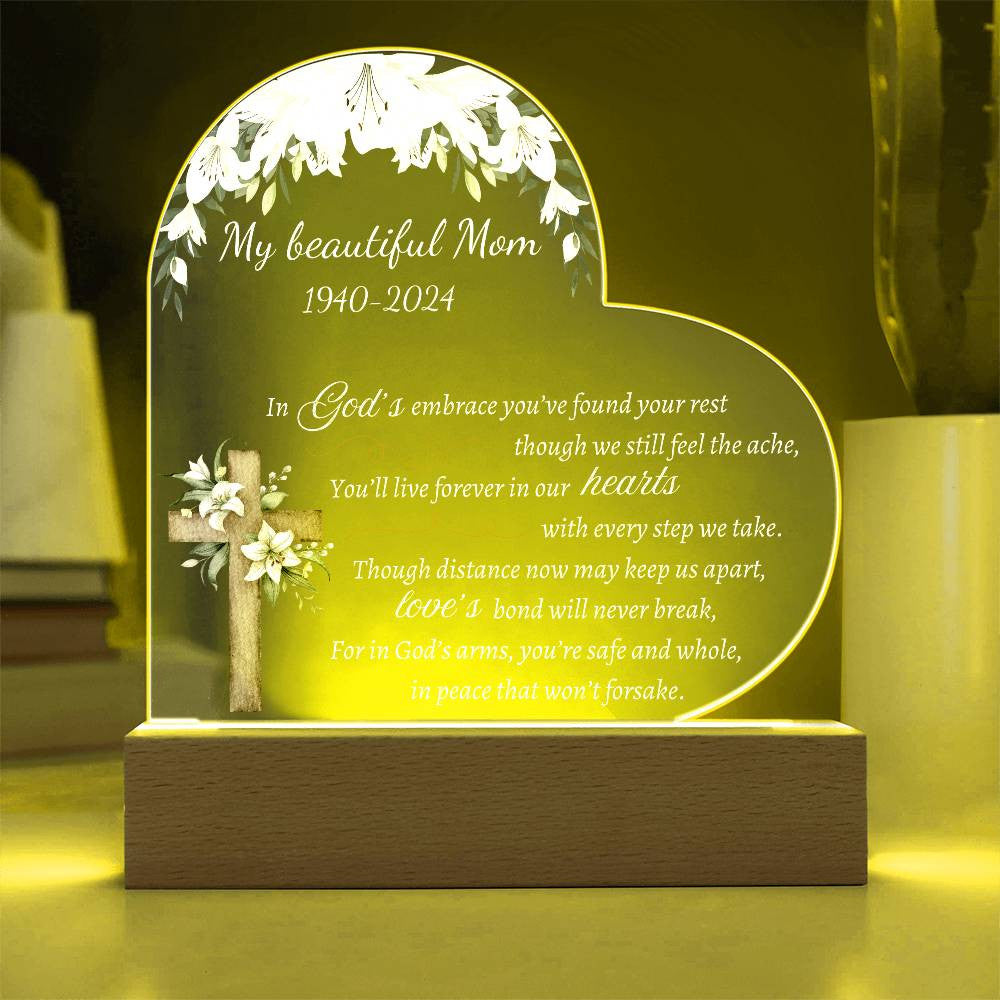 In God's embrace - Memorial Acrylic Heart Plaque w/LED base