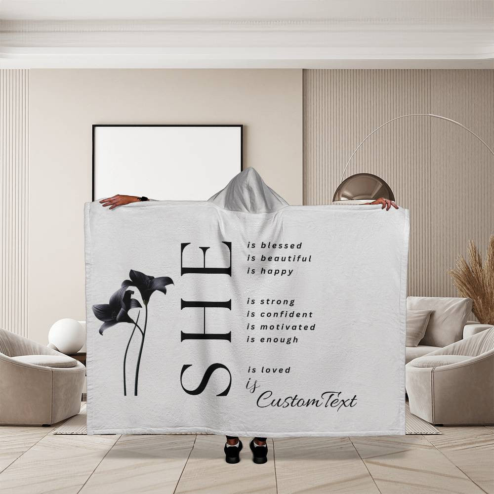 She Is (blessed...) - Luxury Hooded Sherpa Fleece Blanket (70.5" x 52")