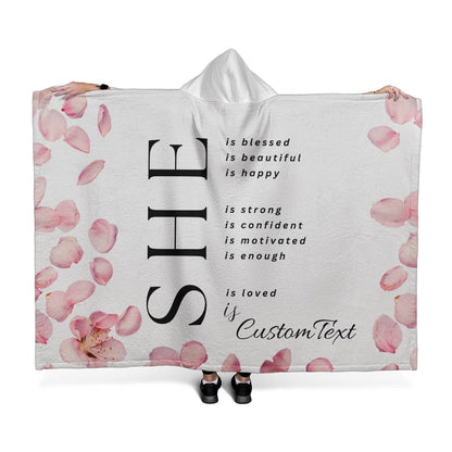 She Is (blessed...) - Luxury Hooded Sherpa Fleece Blanket (70.5" x 52")