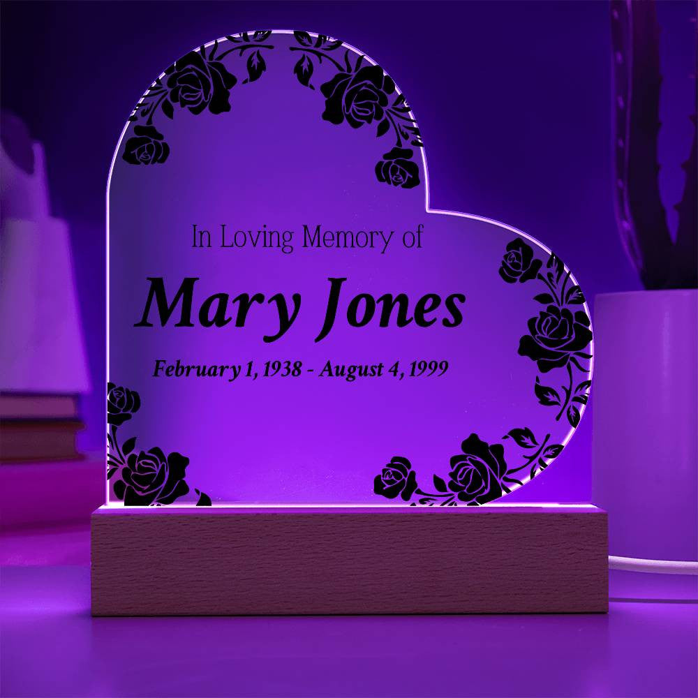 In Loving Memory of - Memorial Acrylic Heart Plaque w/LED base