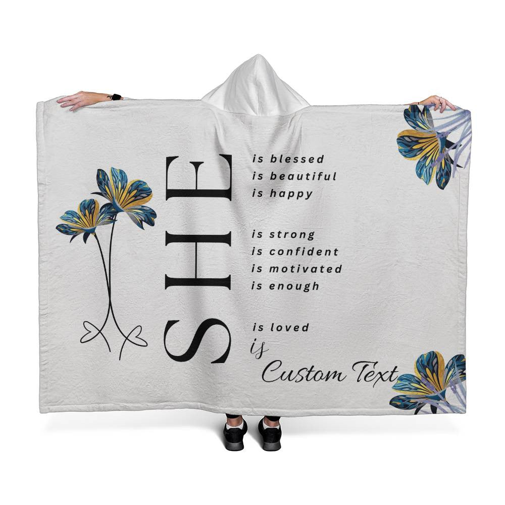 She Is (blessed...) - Luxury Hooded Sherpa Fleece Blanket (70.5" x 52")