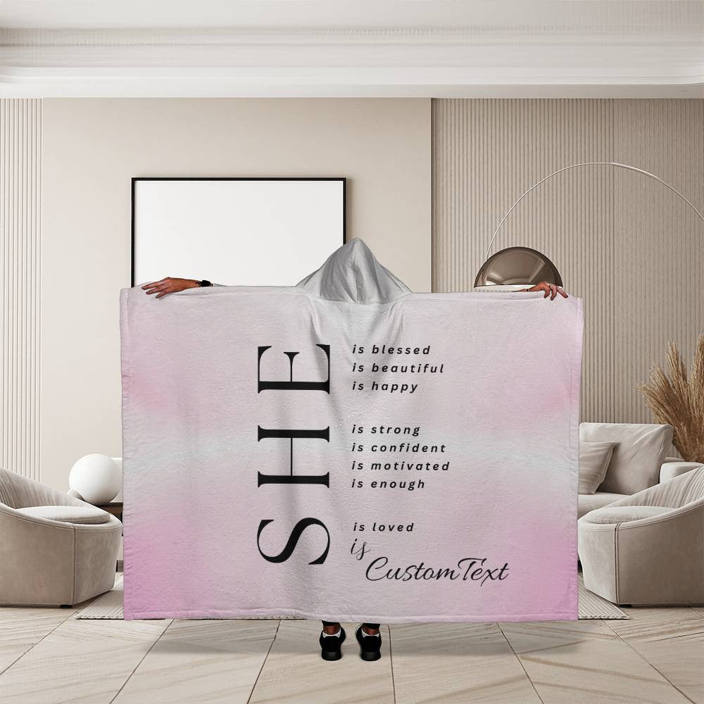 She Is (blessed...) - Luxury Hooded Sherpa Fleece Blanket (70.5" x 52")