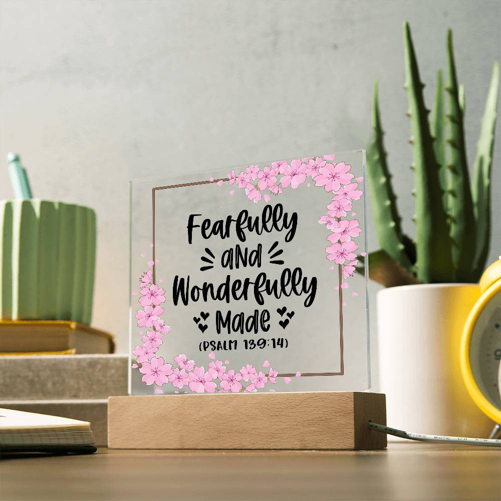 Fearfully and wonderfully made - Acrylic Square Plaque w/LED base