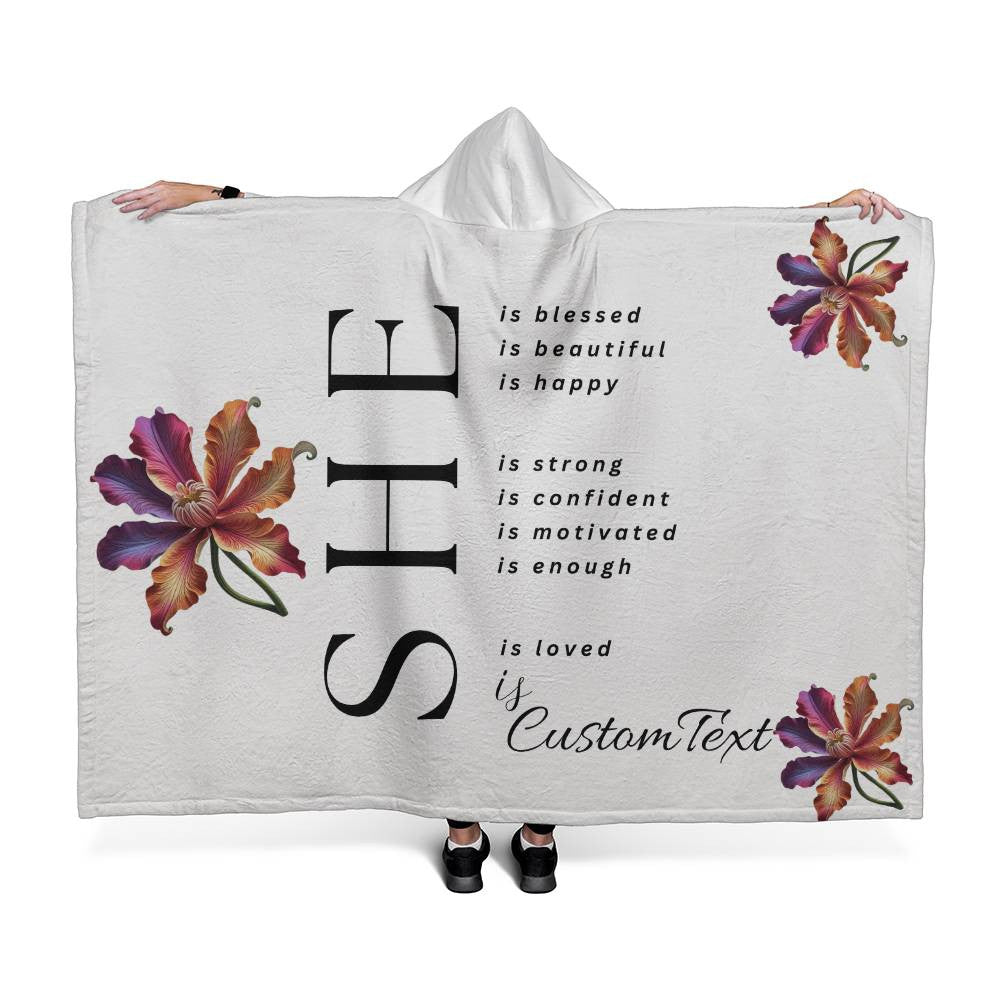 She Is (blessed...) - Luxury Hooded Sherpa Fleece Blanket (70.5" x 52")