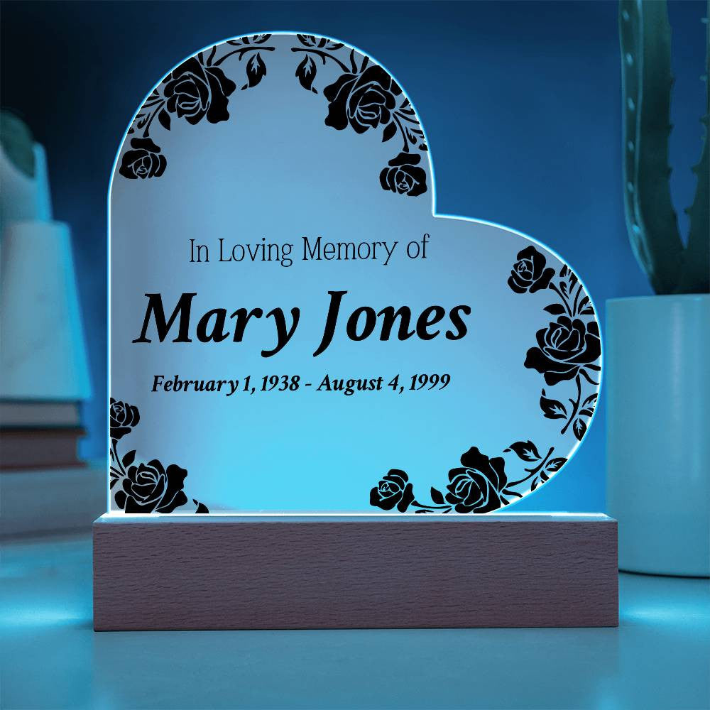 In Loving Memory of - Memorial Acrylic Heart Plaque w/LED base