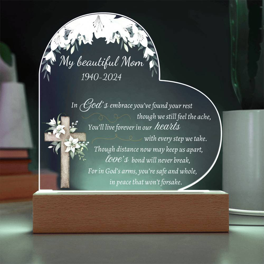 In God's embrace - Memorial Acrylic Heart Plaque w/LED base