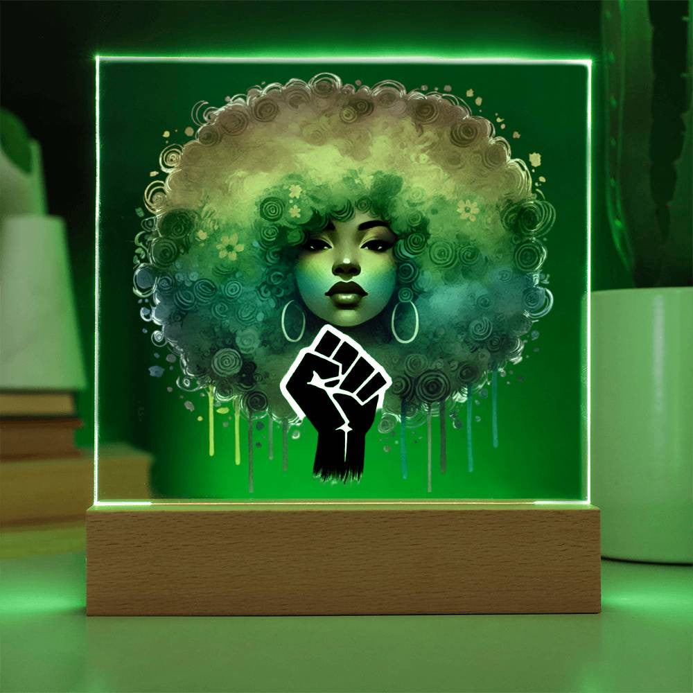 Curly Fro & Fist - Acrylic Square Plaque w/LED base