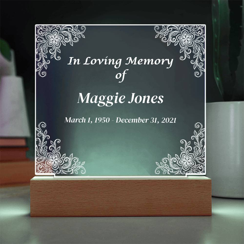 In Loving Memory - Memorial Acrylic Square Plaque w/LED base