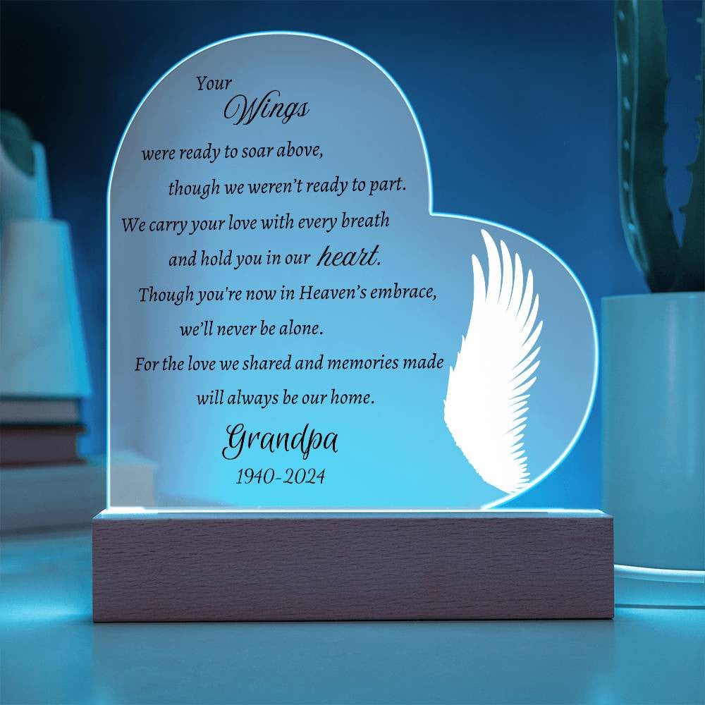 Your wings were ready to soar - Memorial Acrylic Heart Plaque w/LED base