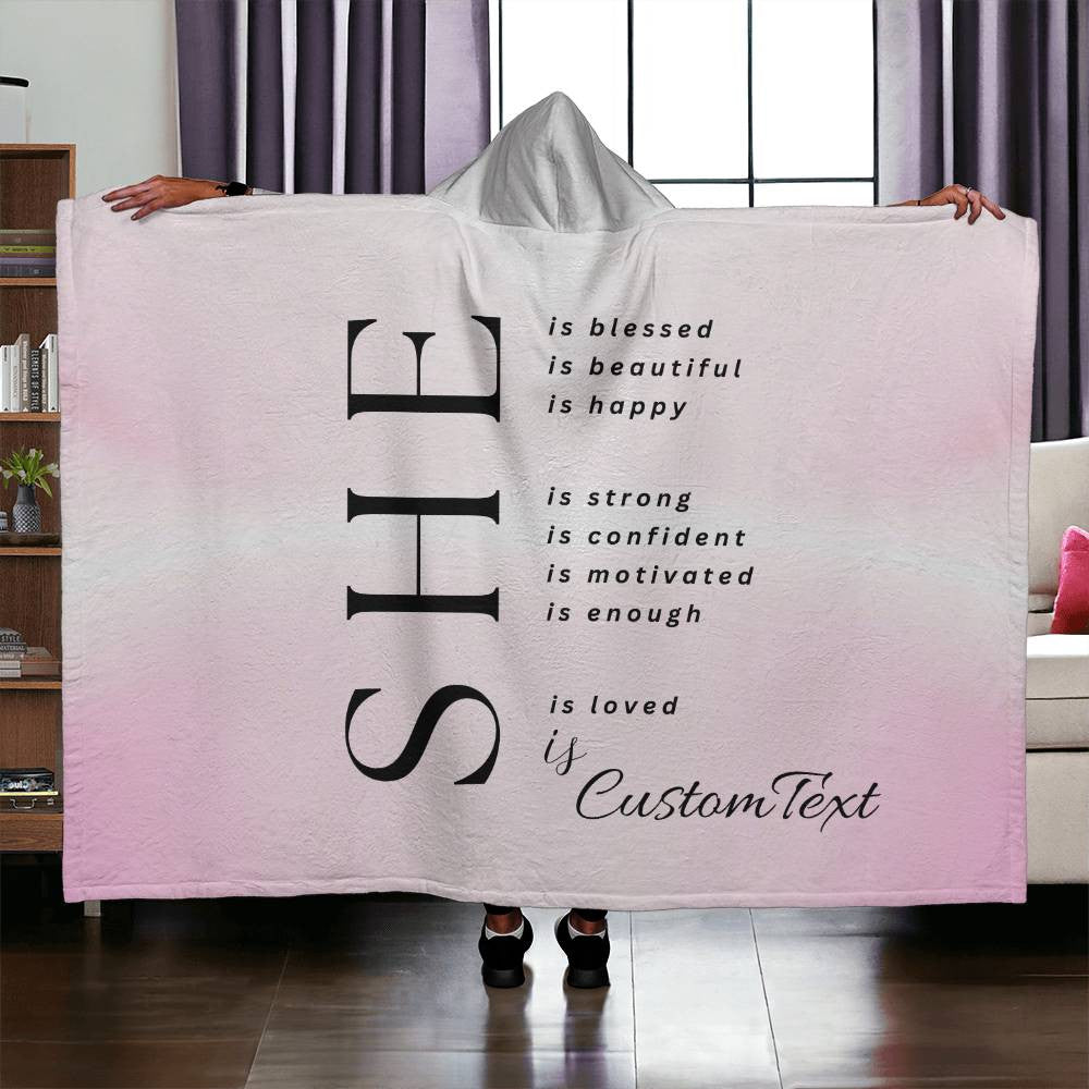 She Is (blessed...) - Luxury Hooded Sherpa Fleece Blanket (70.5" x 52")