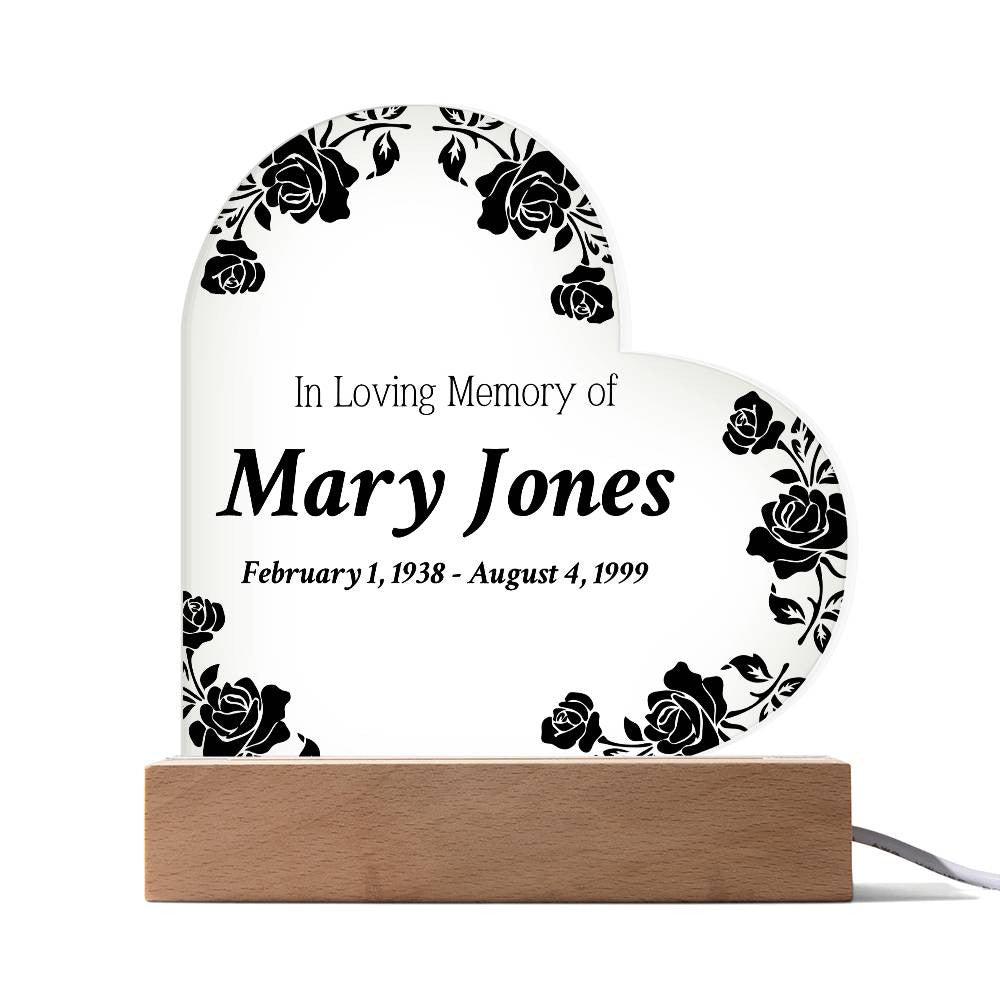 In Loving Memory of - Memorial Acrylic Heart Plaque w/LED base