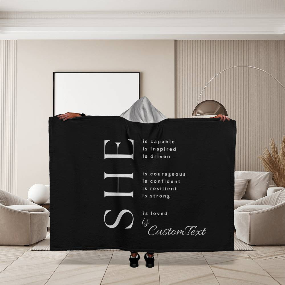 She Is (capable...) - Luxury Hooded Sherpa Fleece Blanket (70.5" x 52")