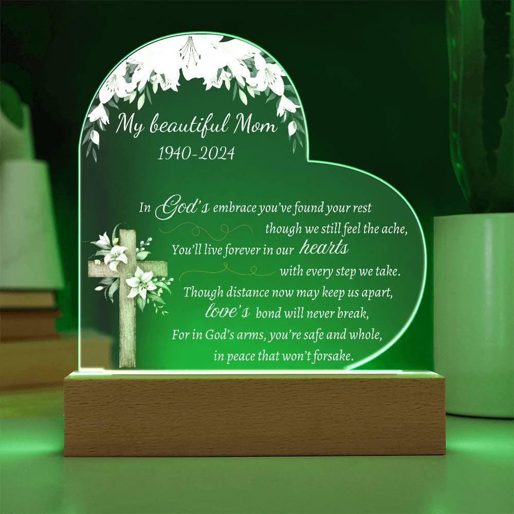 In God's embrace - Memorial Acrylic Heart Plaque w/LED base