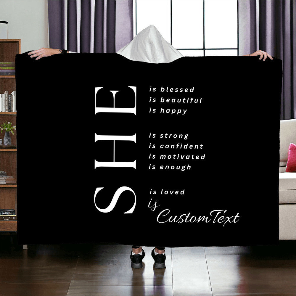 She Is (blessed...) - Luxury Hooded Sherpa Fleece Blanket (70.5" x 52")