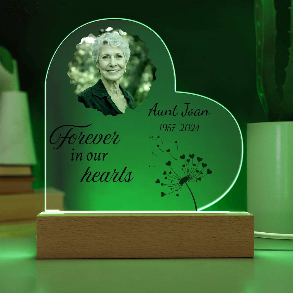 Forever in our hearts - Memorial Acrylic Heart Plaque w/LED base