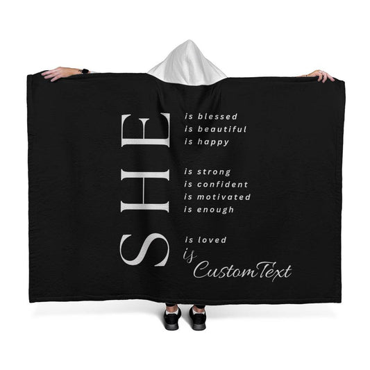 She Is (blessed...) - Luxury Hooded Sherpa Fleece Blanket (70.5" x 52")