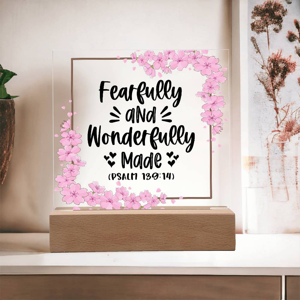 Fearfully and wonderfully made - Acrylic Square Plaque w/LED base