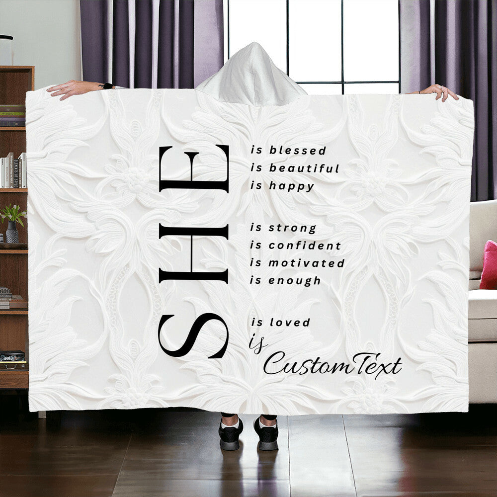 She Is (blessed...) - Luxury Hooded Sherpa Fleece Blanket (70.5" x 52")