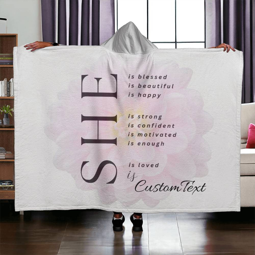 She Is (blessed...) - Luxury Hooded Sherpa Fleece Blanket (70.5" x 52")