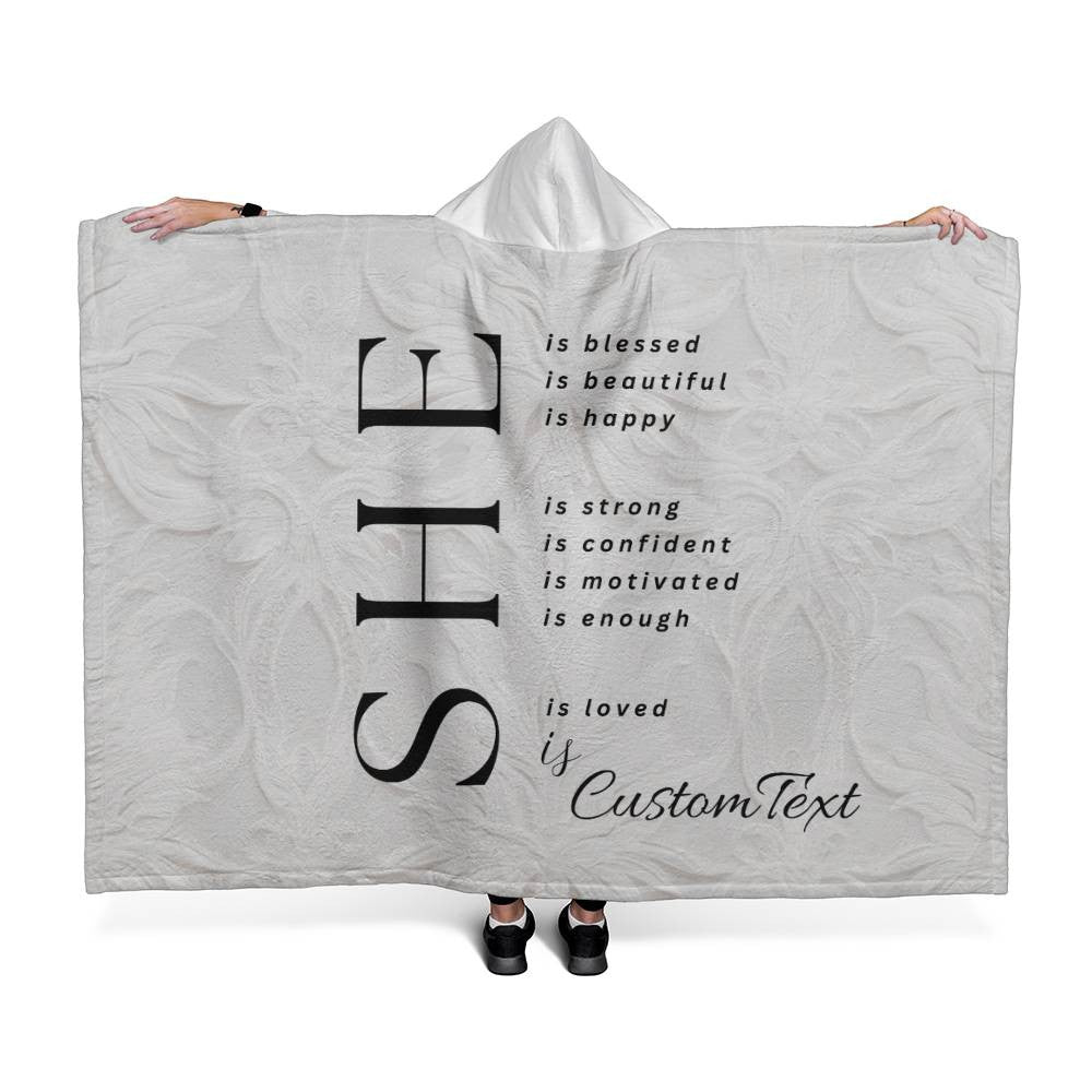 She Is (blessed...) - Luxury Hooded Sherpa Fleece Blanket (70.5" x 52")