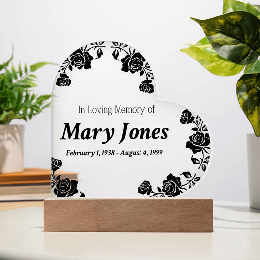 In Loving Memory of - Memorial Acrylic Heart Plaque w/LED base