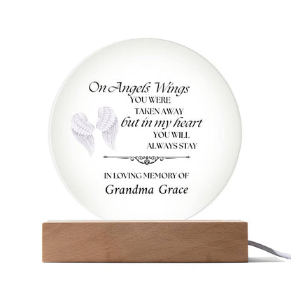 On Angels Wings - Memorial Acrylic Circle Plaque w/LED base