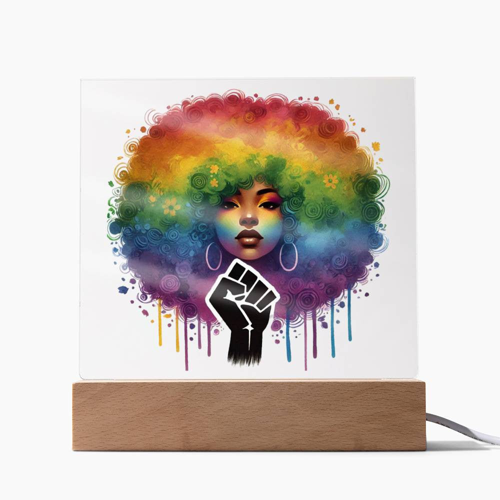 Curly Fro & Fist - Acrylic Square Plaque w/LED base