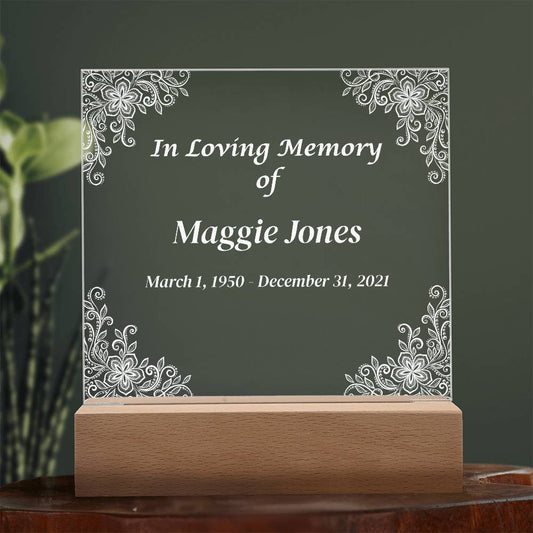 In Loving Memory - Memorial Acrylic Square Plaque w/LED base