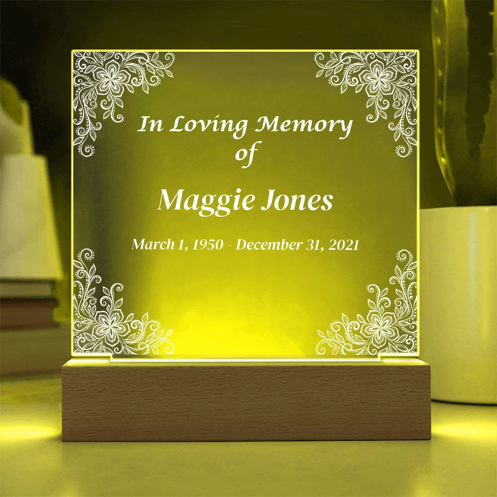 In Loving Memory - Memorial Acrylic Square Plaque w/LED base