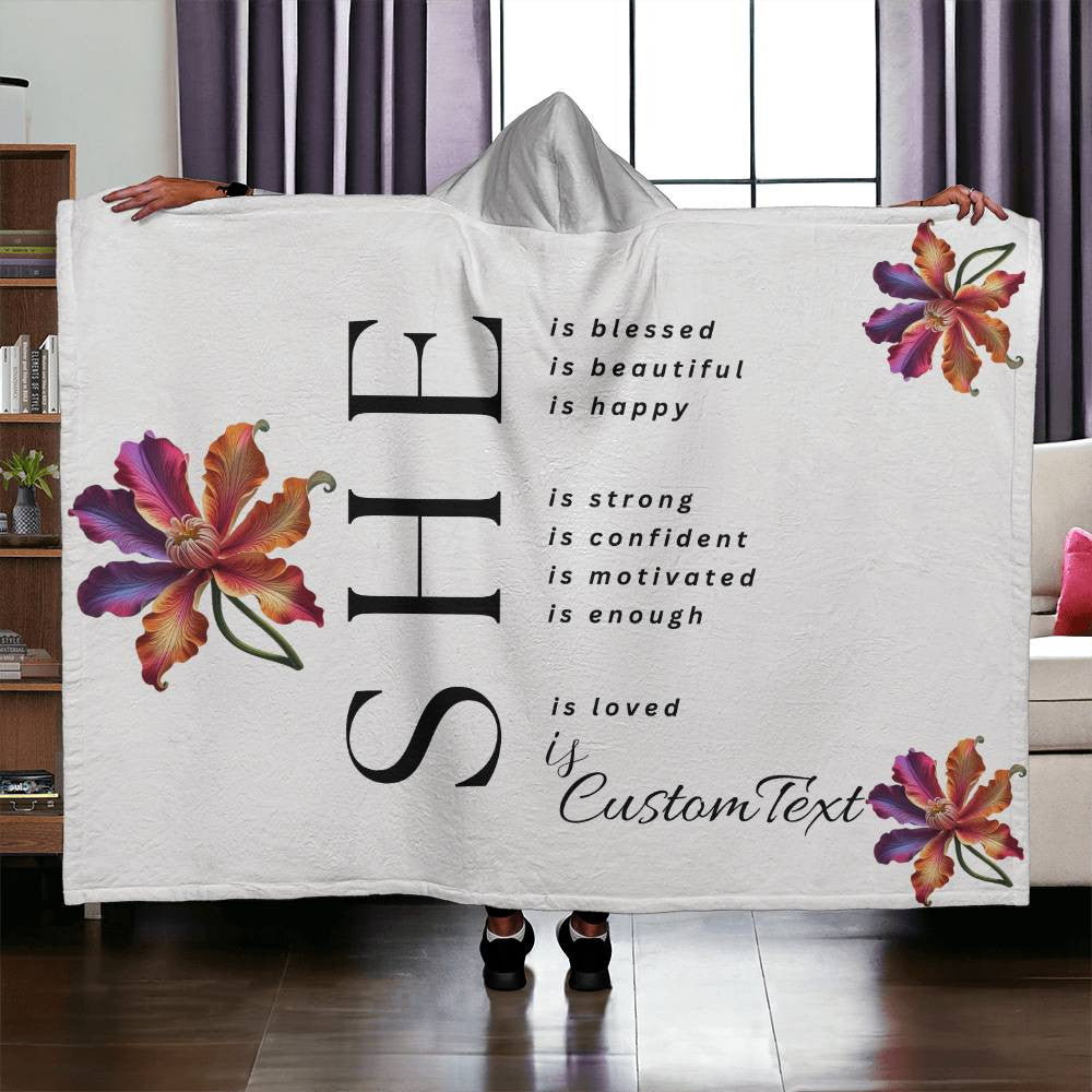 She Is (blessed...) - Luxury Hooded Sherpa Fleece Blanket (70.5" x 52")