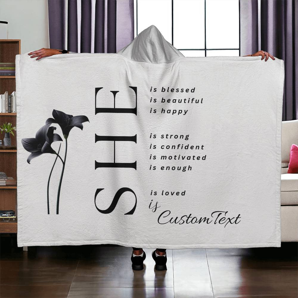 She Is (blessed...) - Luxury Hooded Sherpa Fleece Blanket (70.5" x 52")