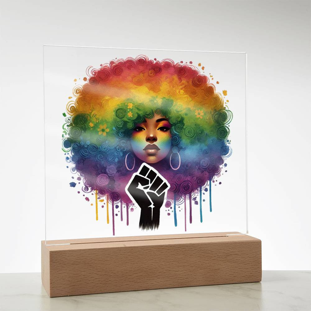 Curly Fro & Fist - Acrylic Square Plaque w/LED base