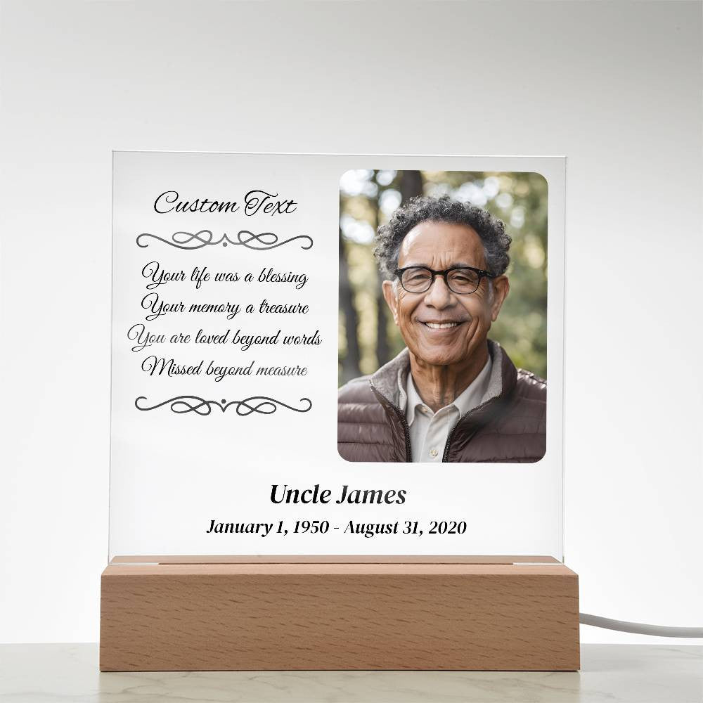 Your life was a blessing - Memorial Acrylic Square Plaque w/LED base